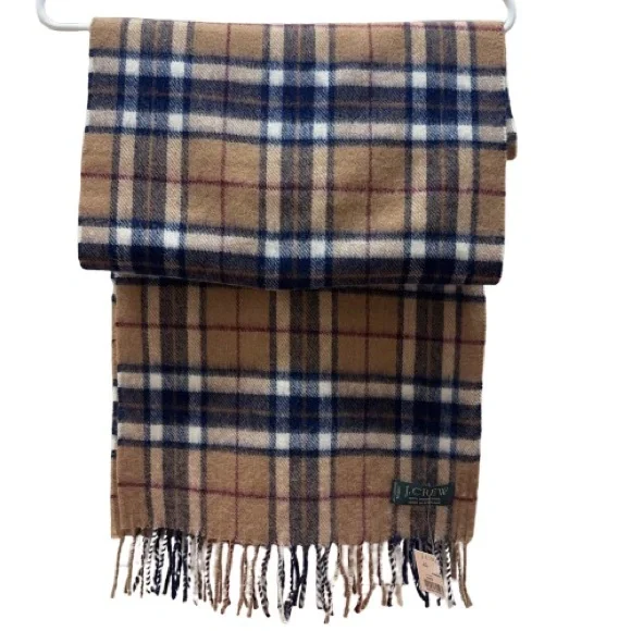 J. CREW NWT Vintage 100% Wool Men’s Soft Scarf Brown Plaid w/ Fringes 68” x 14” - Picture 1 of 2